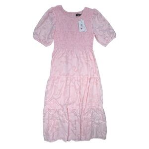 Merokeety Pink Short Puff Sleeve Midi-Dress Floral Design. Size Medium